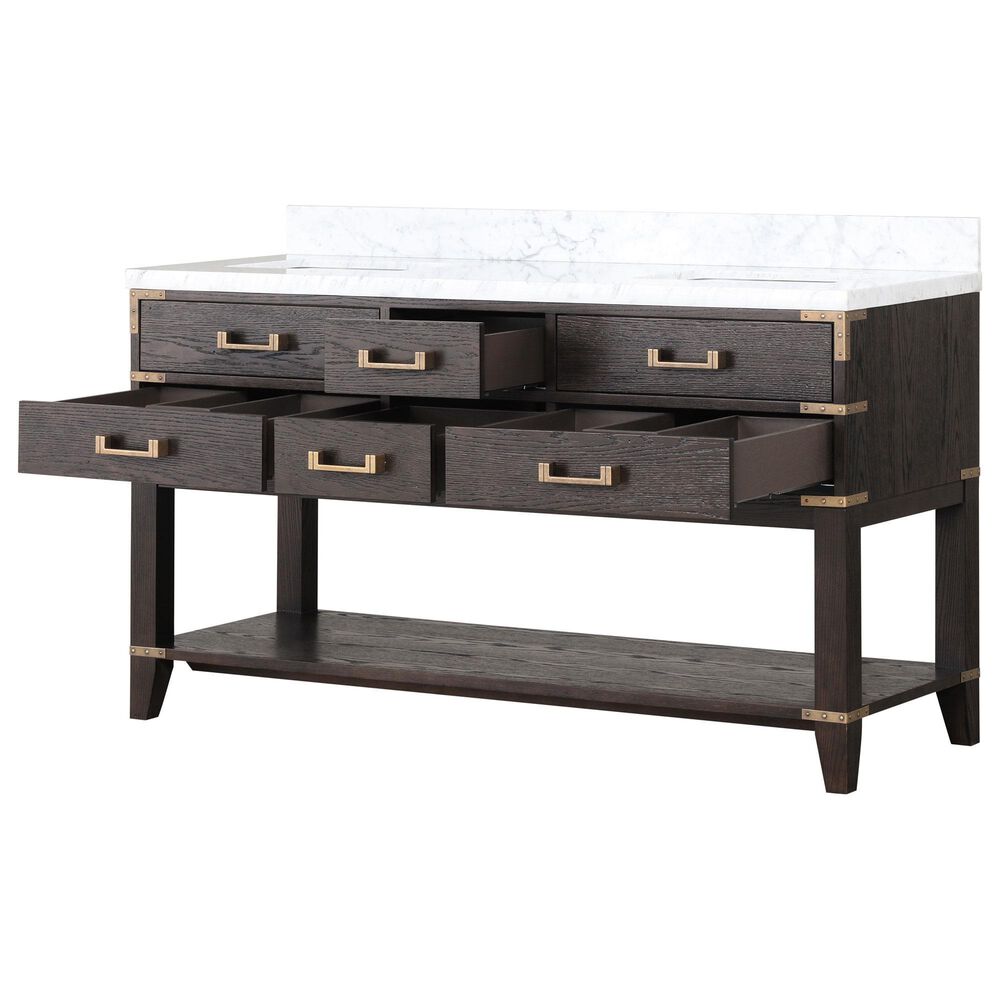 Lexora Home Norwalk 60&quot; Double Bathroom Vanity in Brown Oak with White Carrara Marble Top and Rectangular Sinks, , large