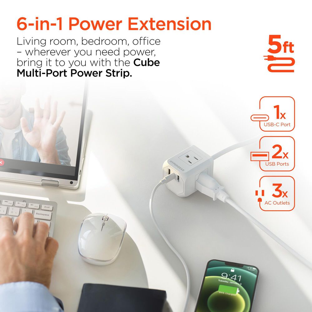 Hypercel Cube Multi-Port Power Strip with Extension Cord in White, , large