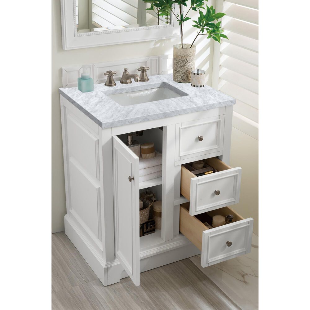 James Martin Vanities De Soto 30&quot; Single Bathroom Vanity in Bright White with 3 cm Carrara White Marble Top and Rectangular Sink, , large