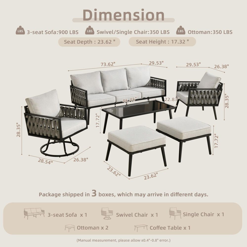 HOMLUX 6-Piece Patio Conversation Set with Woven Sling Fabric in Light Gray, , large