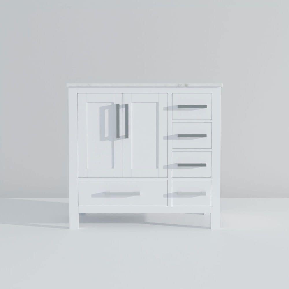 Lexora Home Jacques 36&quot; Left Offset Single Bathroom Vanity in White with 2 cm White Carrara Marble Top and Rectangular Sink, , large