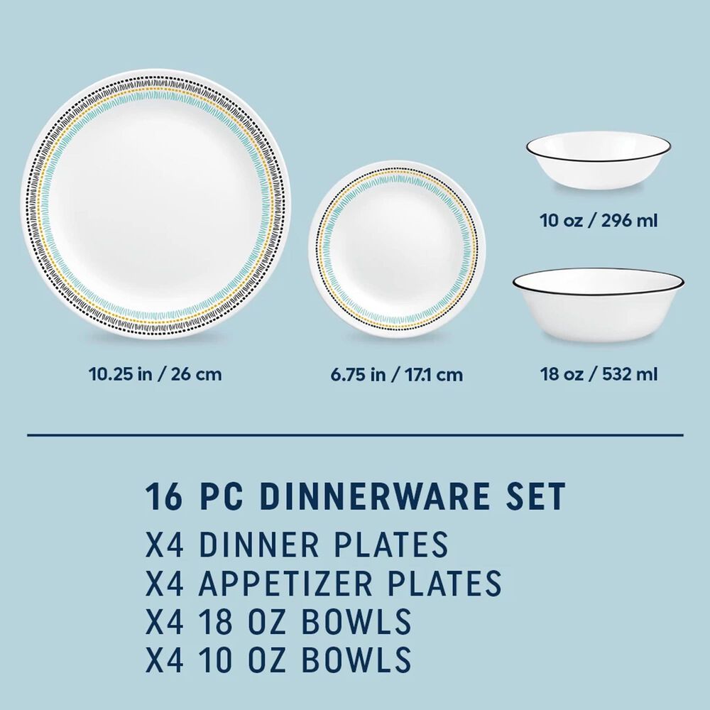 Corelle Paloma 16-Piece Dinnerware Set in White, Black, Aqua and Gold, , large