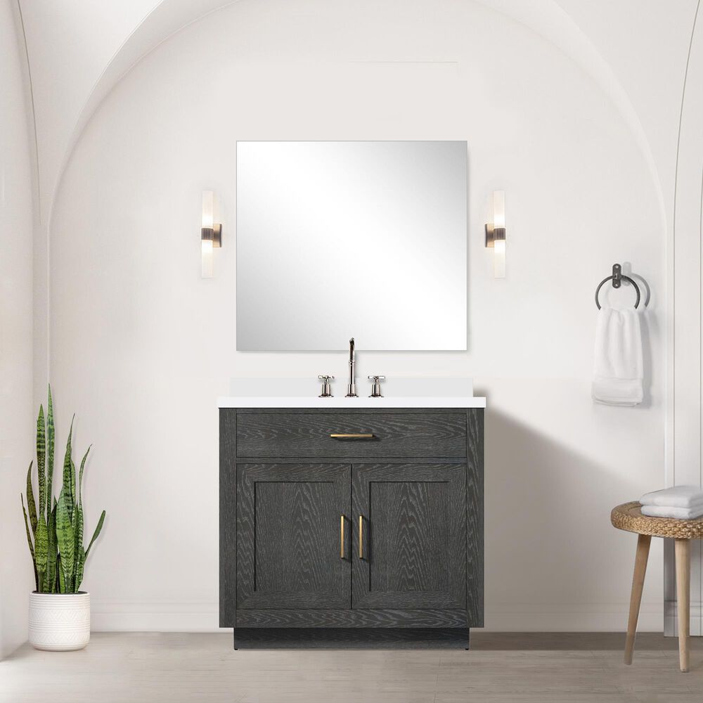 Lexora Home Abbey 36&quot; Single Bathroom Vanity in Black Oak with 2 cm White Quartz Top and Rectangular Sink, , large