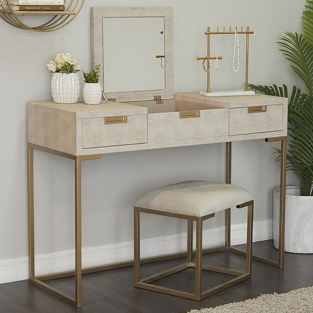 Maple and Jade Vanity Stool and Hidden Mirror in Light Gray and Gold, , large
