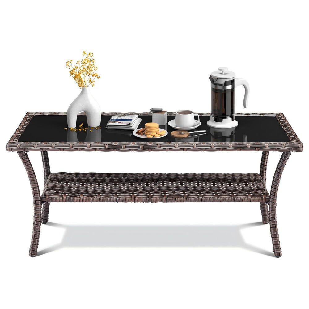 Sunwell Garden 41" Patio Rectangular Coffee Table with Glass Top in Brown, , large