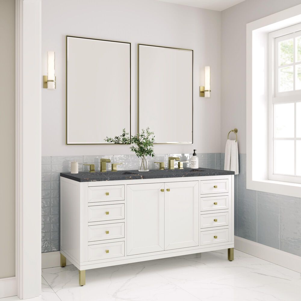 James Martin Vanities Chicago 60&quot; Double Bathroom Vanity in Glossy White with 3 cm Parisien Bleu Quartz Top and Rectangular Sinks, , large