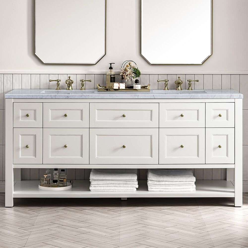 James Martin Vanities Breckenridge 72&quot; Double Bathroom Vanity in Bright White with 3 cm Carrara White Marble Top and Rectangular Sinks, , large
