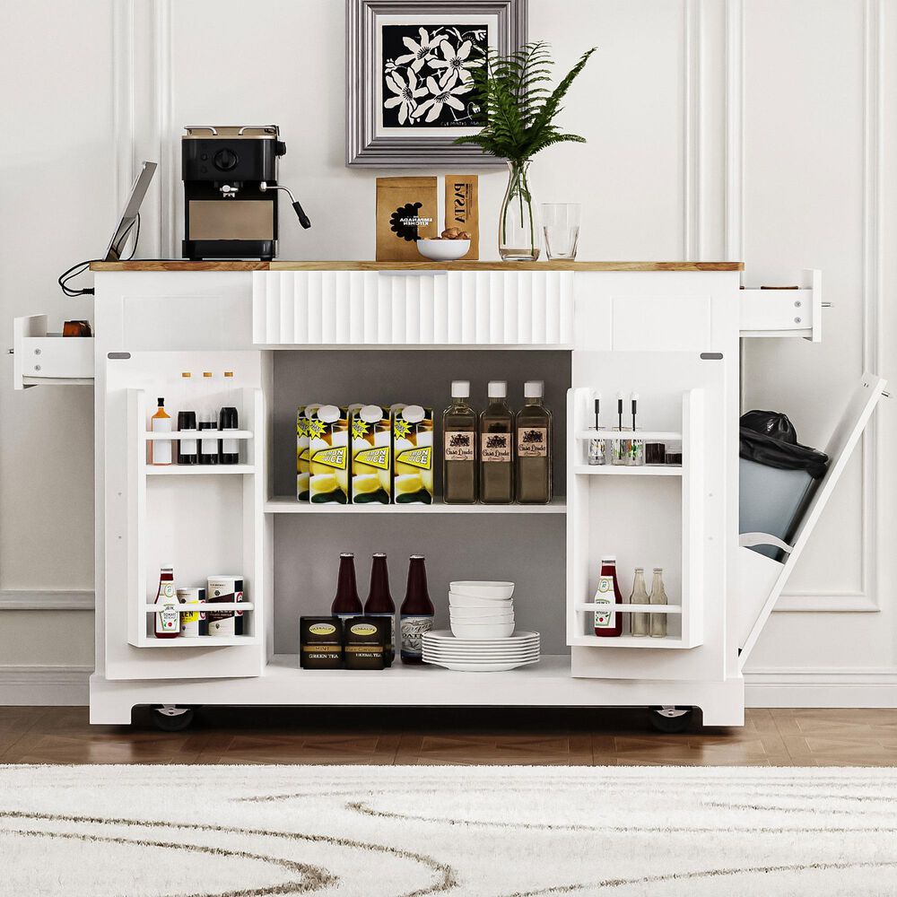 HOMLUX 47" Fluted Kitchen Island with Trash Can Storage Cabinet in White and Natural, , large