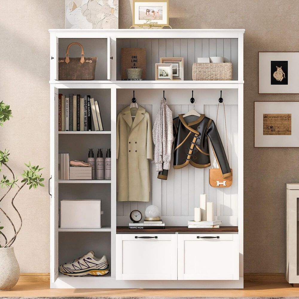 GigaCloud 3-in-1 Hall Tree with 2 Drawers and Seat Bench in White, , large