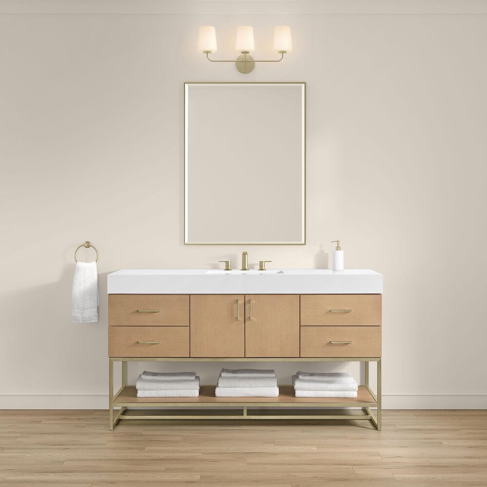 37B Mauri 60" Single Bathroom Vanity with Metal Base in Warm Oak and White Composite Stone Top, , large