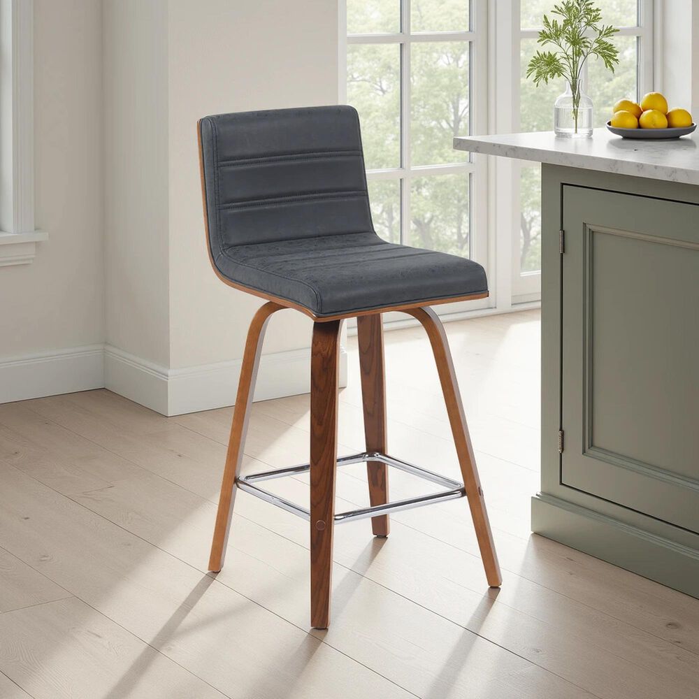 Armen Living Vienna Swivel Counter Height Stool with Vintage Black Upholstery in Walnut, , large