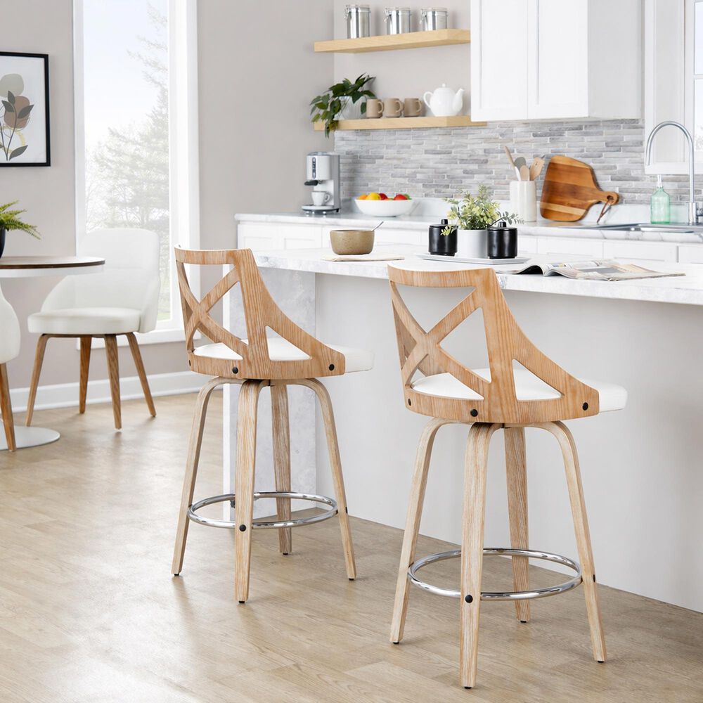 LumiSource Charlotte Swivel Counter Stool with White Faux Leather Upholstery in Whitewashed and Chrome (Set of 2), , large