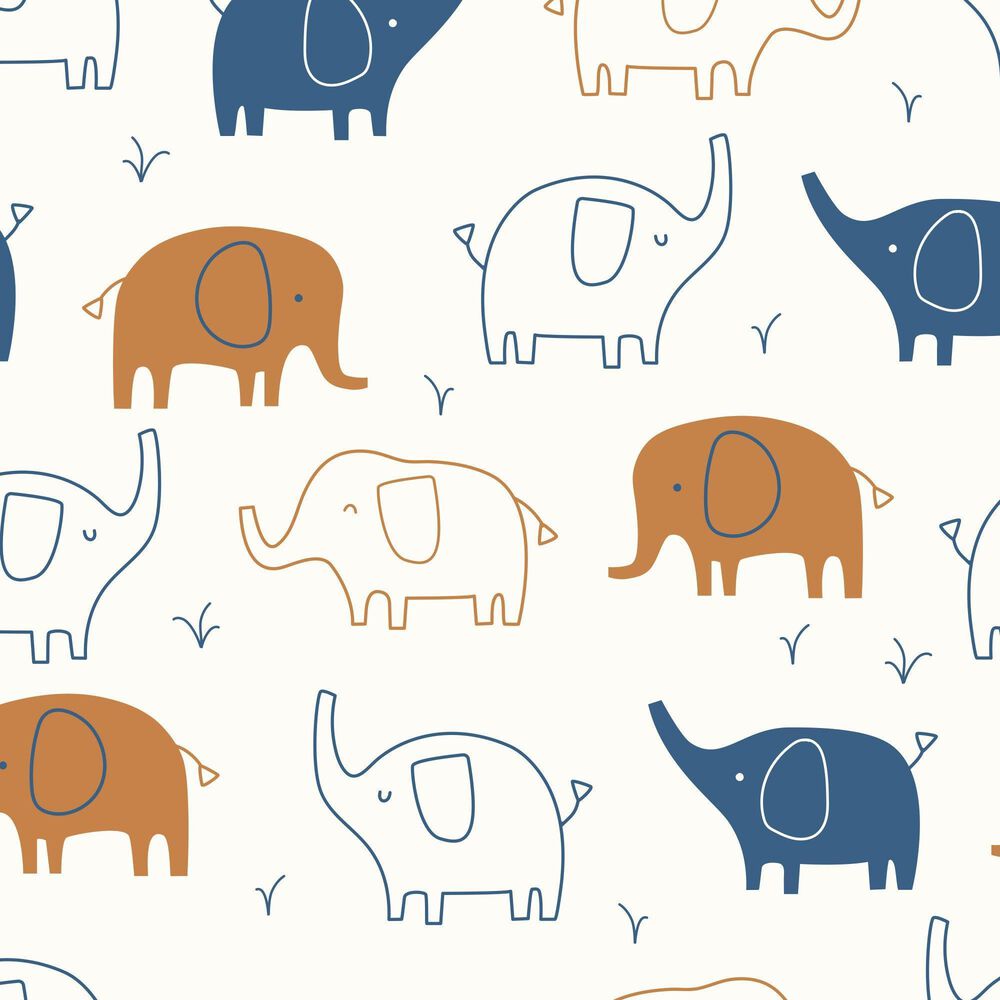 Lambs and Ivy Playful Elephant Baby Fitted Crib Sheet in White, Caramel and Indigo Blue, , large