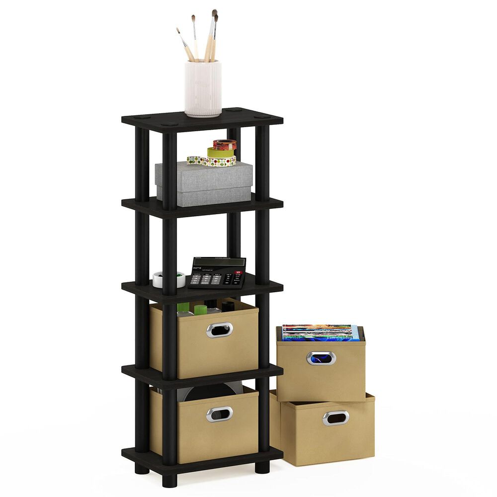 HOMLUX 5-Tier Tall Corner Open Bookshelf with 4 Storage Bins in Espresso and Black, , large