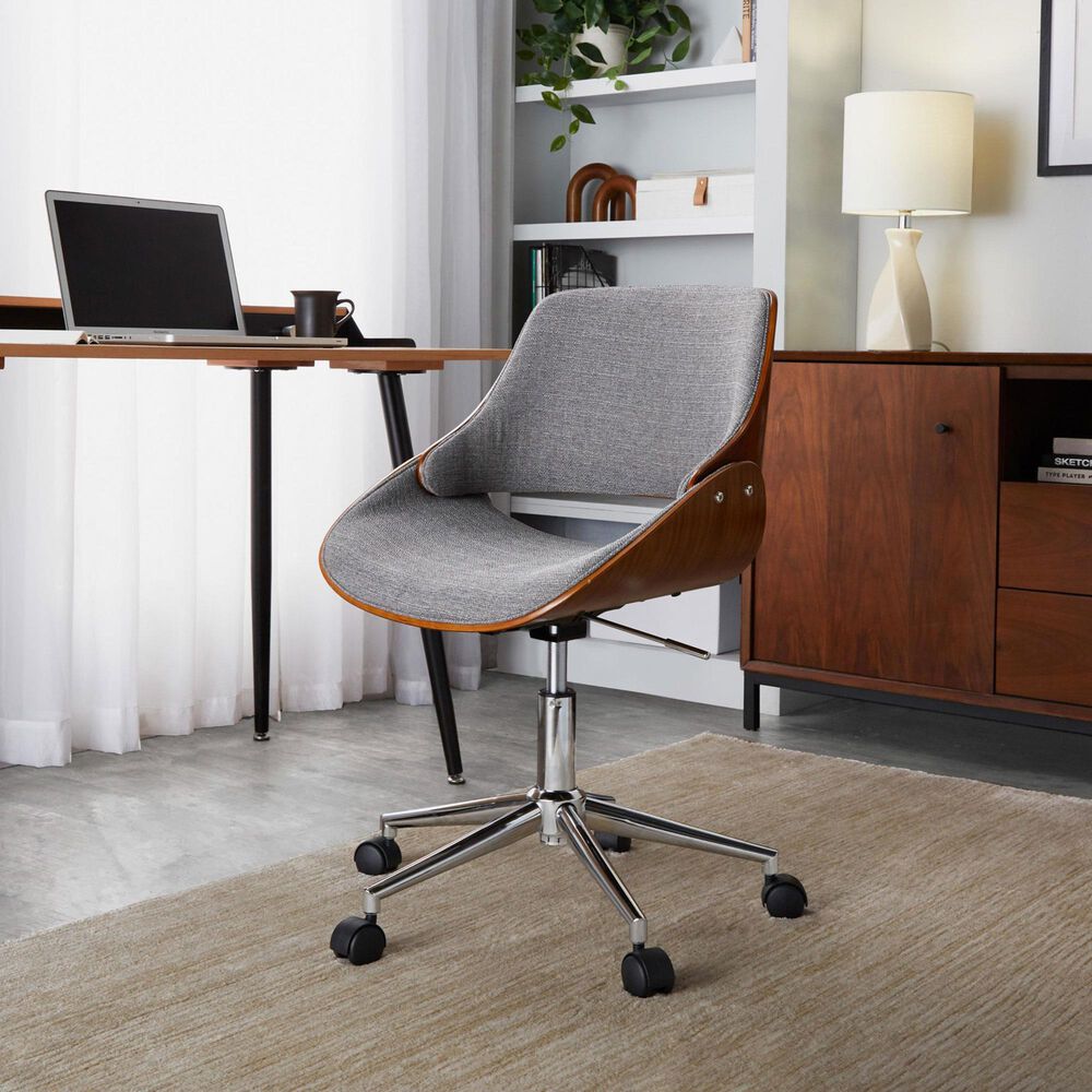 LumiSource Fabrizzi Swivel Office Chair with Grey Fabric Cushion in Chrome and Walnut, , large