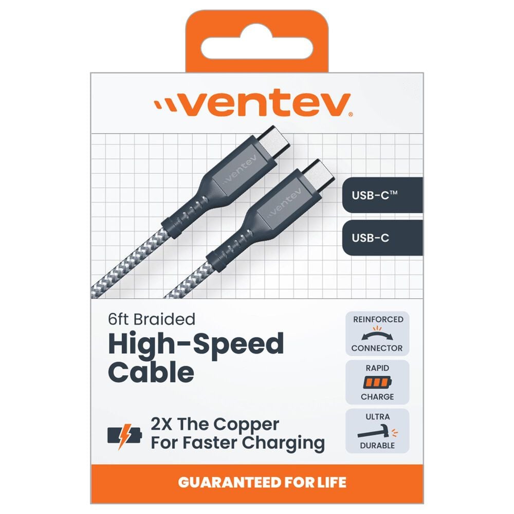 Ventev High Speed Usb C To Usb C Braided Cable With 2x The Copper For Faster Charging 6ft - Gray, , large