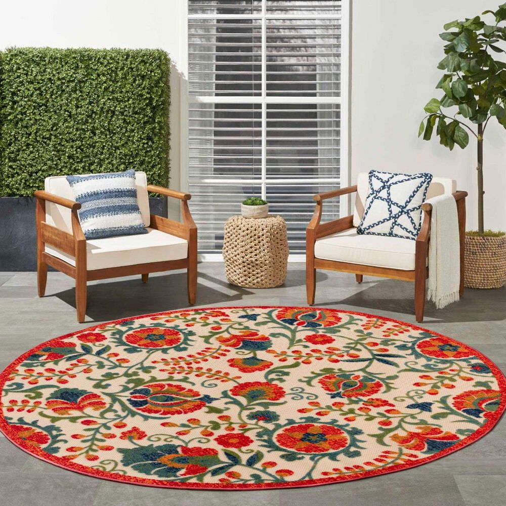 Nourison Aloha 5&#39;3&quot; Round Red and Multicolor Indoor/Outdoor Area Rug, , large