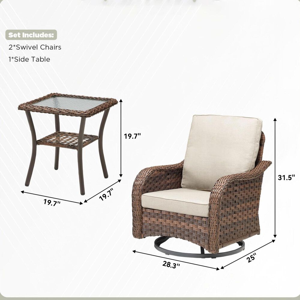 Sunwell Garden 3-Piece Patio Swivel Glider with 31.5" High Roll-Arm Chair in Beige, , large