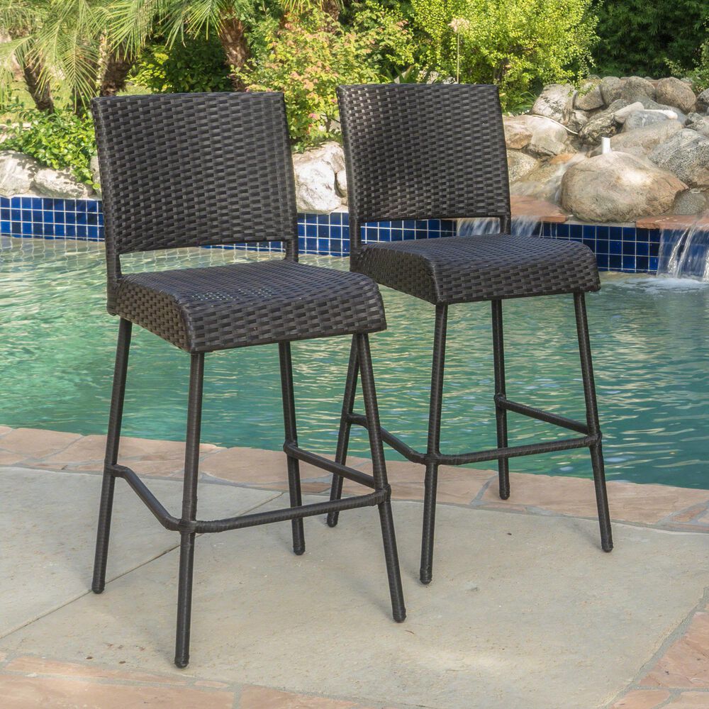 Hearth and Haven Outdoor Rattan Armless Barstool in Dark Brown (Set of 2), , large