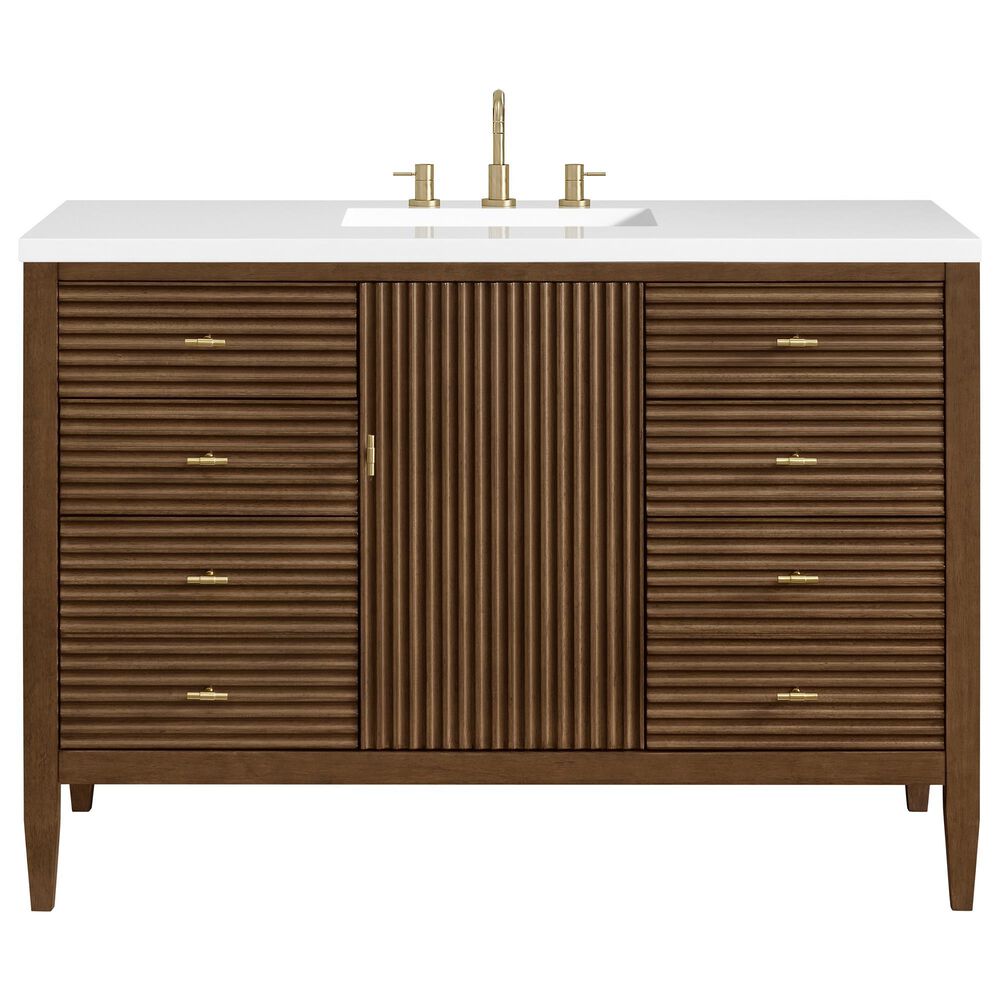 James Martin Vanities Myrrin 48&quot; Vanity in Mid-Century Walnut with 3 cm White Zeus Quartz Top, , large