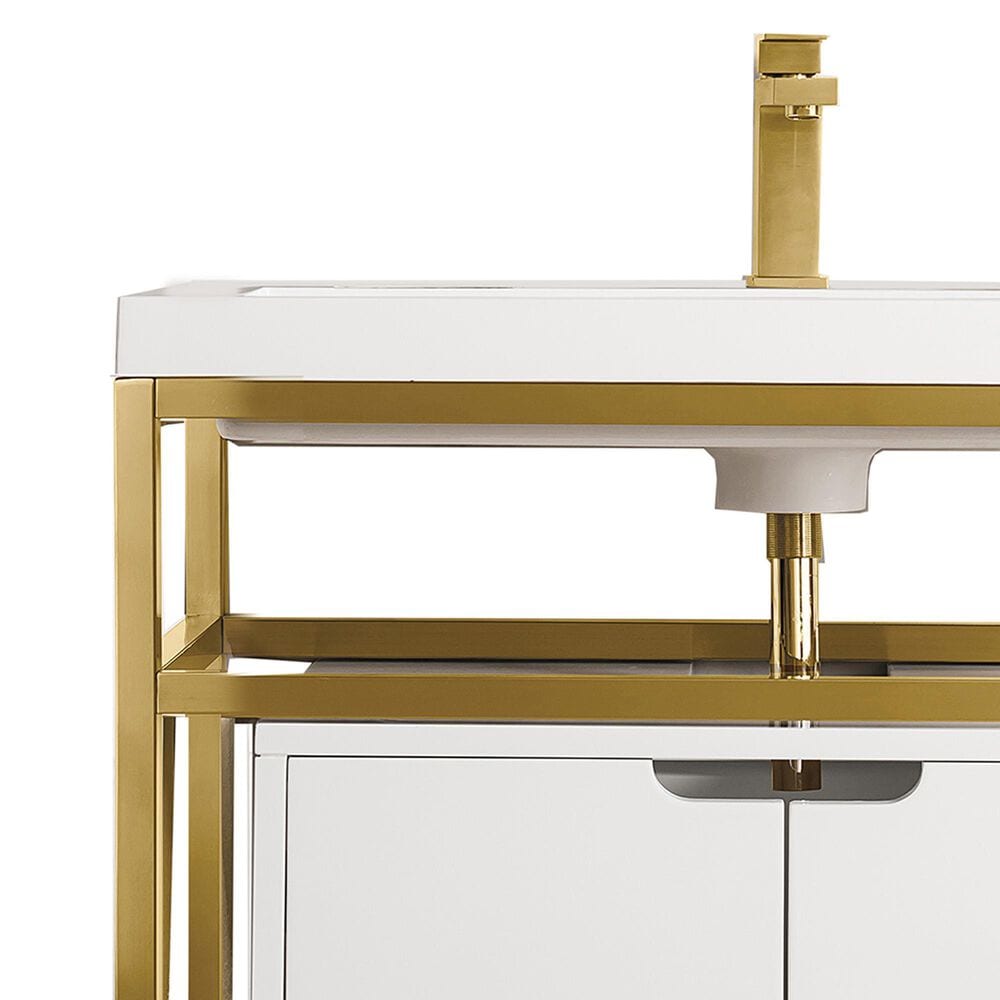 James Martin Vanities Boston 31.5&quot; Single White Door Bathroom Vanity in Radiant Gold with 3 cm White Glossy Resin Countertop and Rectangular Sink, , large