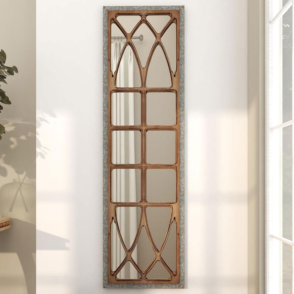Maple and Jade 52&quot; x 15&quot; Geometric Window Pane Inspired Panel Wall Mirror in Galvanized Silver and Brown, , large