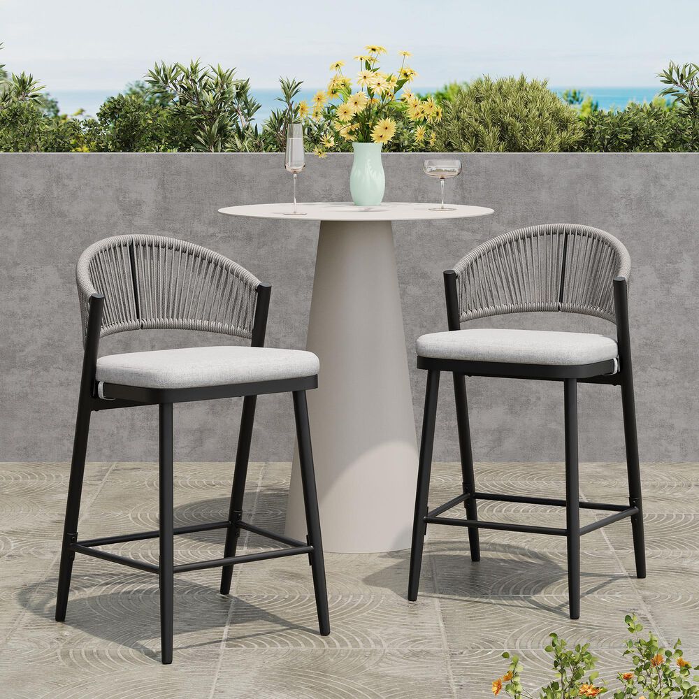 Hearth and Haven 26" Outdoor Counter Stool with Matte Black Frame in Light Gray (Set of 2), , large