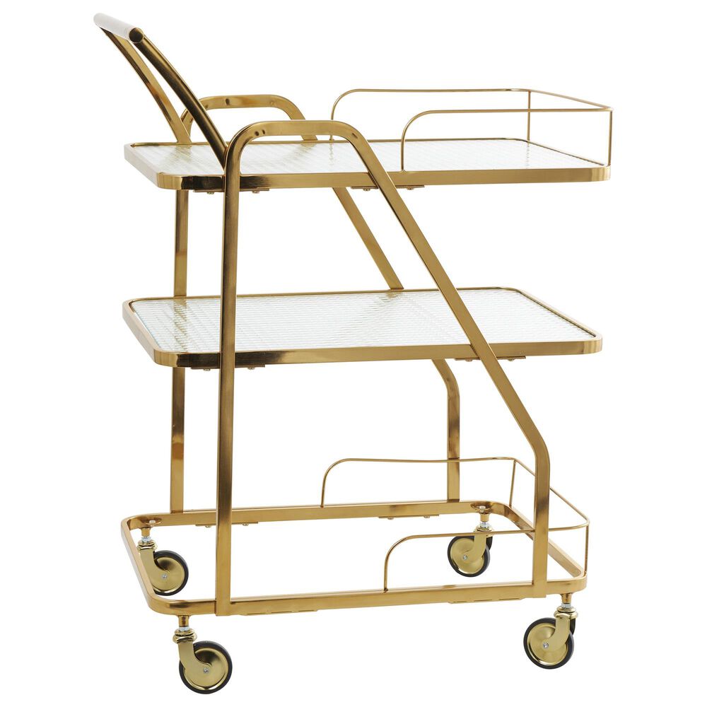 Maple and Jade 3-Shelf Bar Cart with Side Guards and Handle in Polished Gold and Transparent, , large