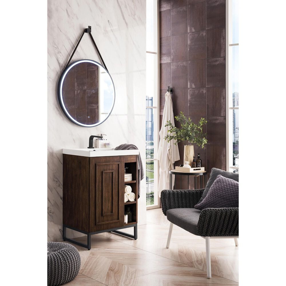 James Martin Vanities Alicante 24&quot; Single Bathroom Vanity in Mid Century Acacia and Matte Black with 5 cm White Glossy Resin Top and Rectangular Sink, , large