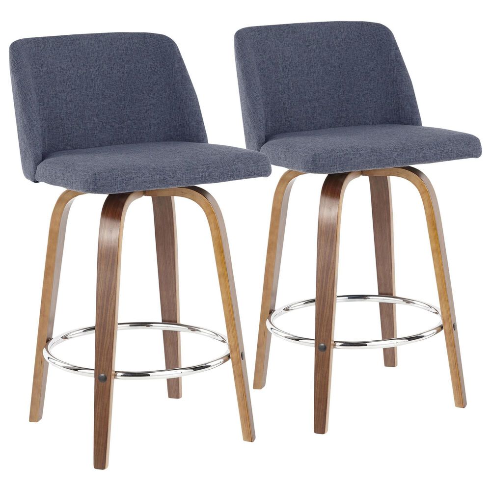 LumiSource Toriano Swivel Counter Stool with Blue Fabric Upholstery in Walnut and Chrome (Set of 2), , large