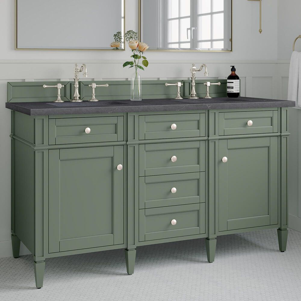 James Martin Vanities Brittany 60&quot; Double Bathroom Vanity in Smokey Celadon with 3 cm Charcoal Soapstone Quartz Top and Rectangular Sinks, , large