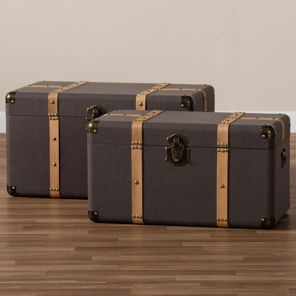 Baxton Studio Stephen 2-Piece Storage Trunk Set in Dark Brown and Oak, , large