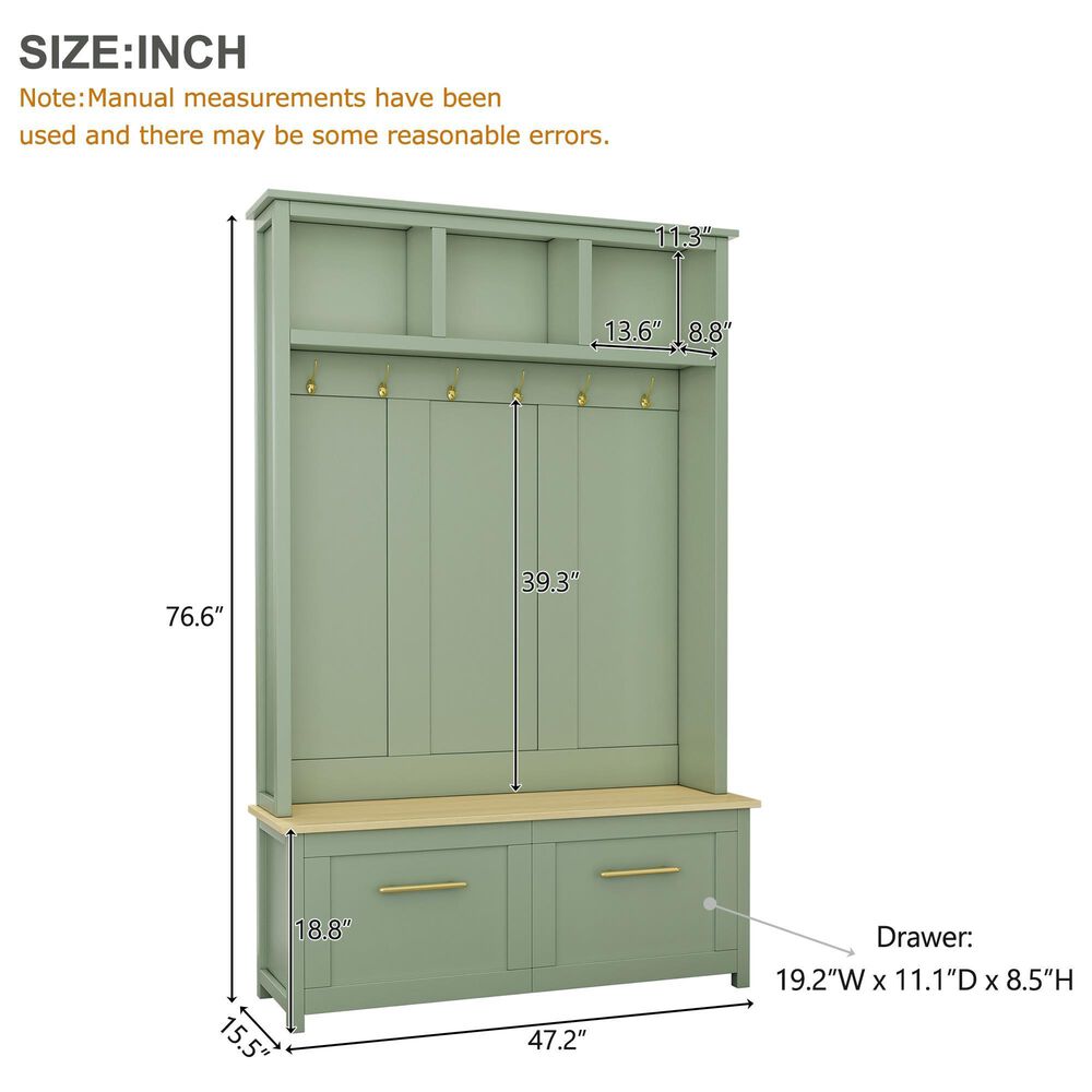 HOMLUX 6-Hook Hall Tree with 2-Drawer in Green, , large