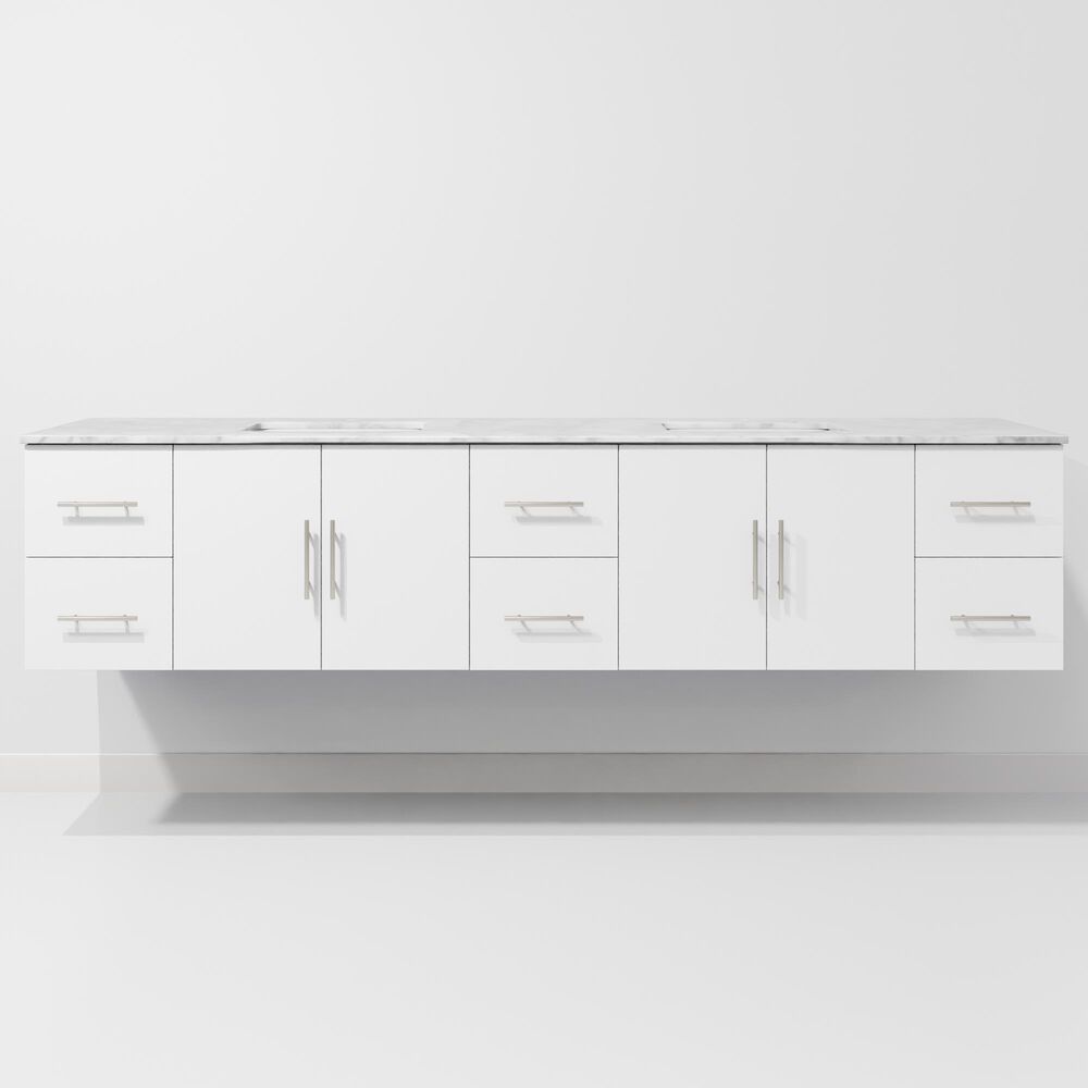 Lexora Home Geneva 84" Double Bathroom Vanity in Glossy White with 2 cm White Carrara Marble Top and Rectangular Sinks, , large