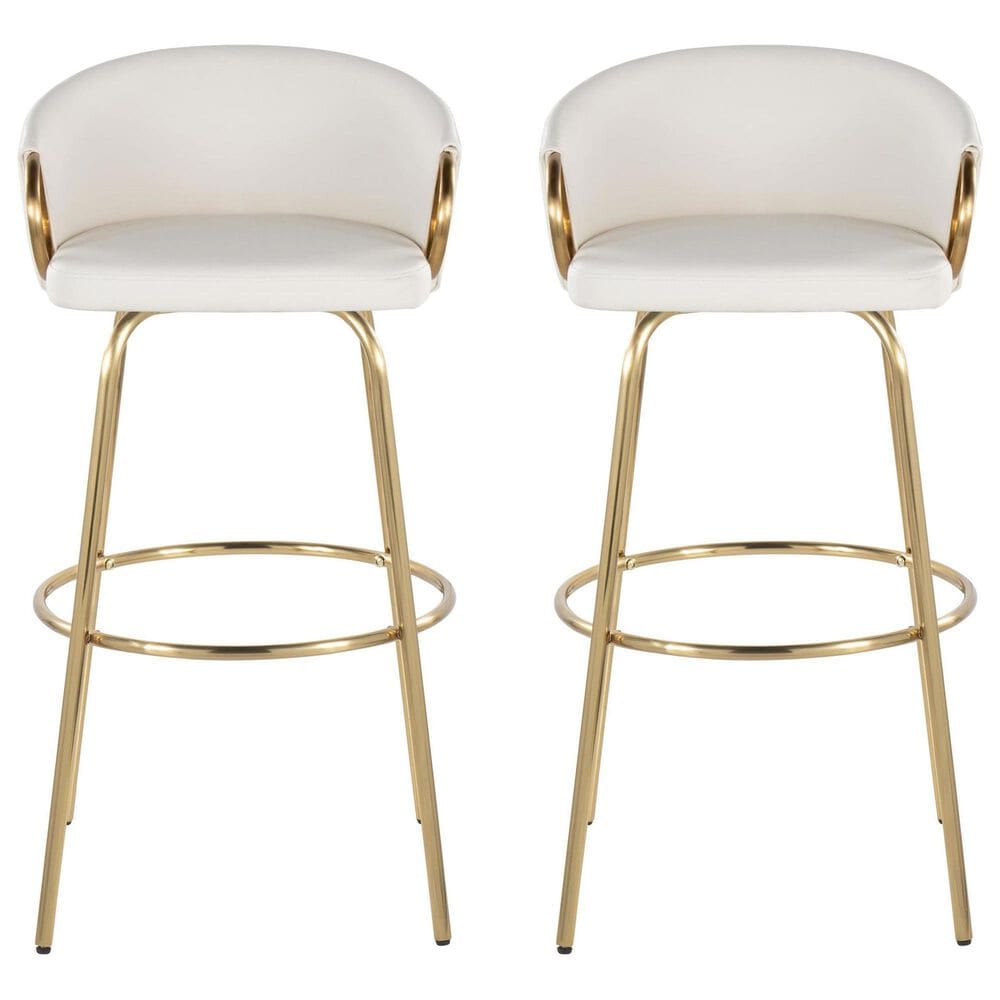 LumiSource Claire Swivel Barstool with White Faux Leather Upholstery in Gold (Set of 2), , large