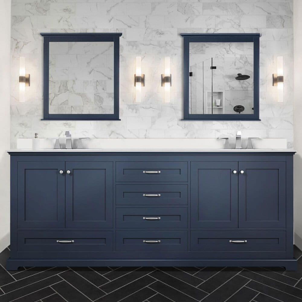 Lexora Home Dukes 80&quot; Double Bathroom Vanity in Navy Blue with 2 cm White Quartz Top and Rectangular Sinks, , large