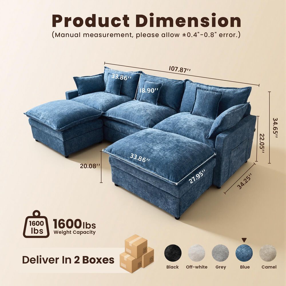 HOMLUX 107.87" Ultra-Comfort Chenille Sectional Sofa Set in Blue, , large
