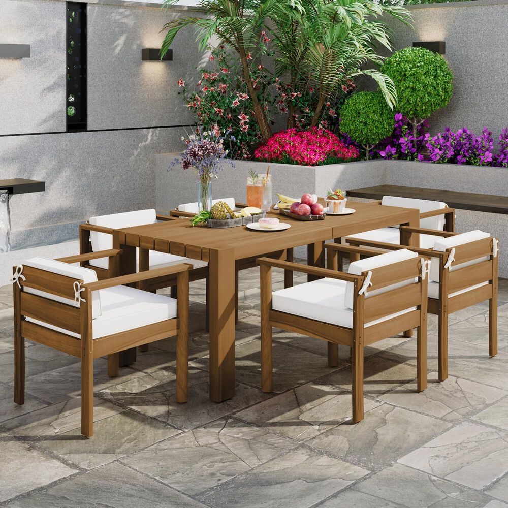 Hearth and Haven 7-Piece Outdoor Dining Set with Beige Cushions in Light Teak, , large