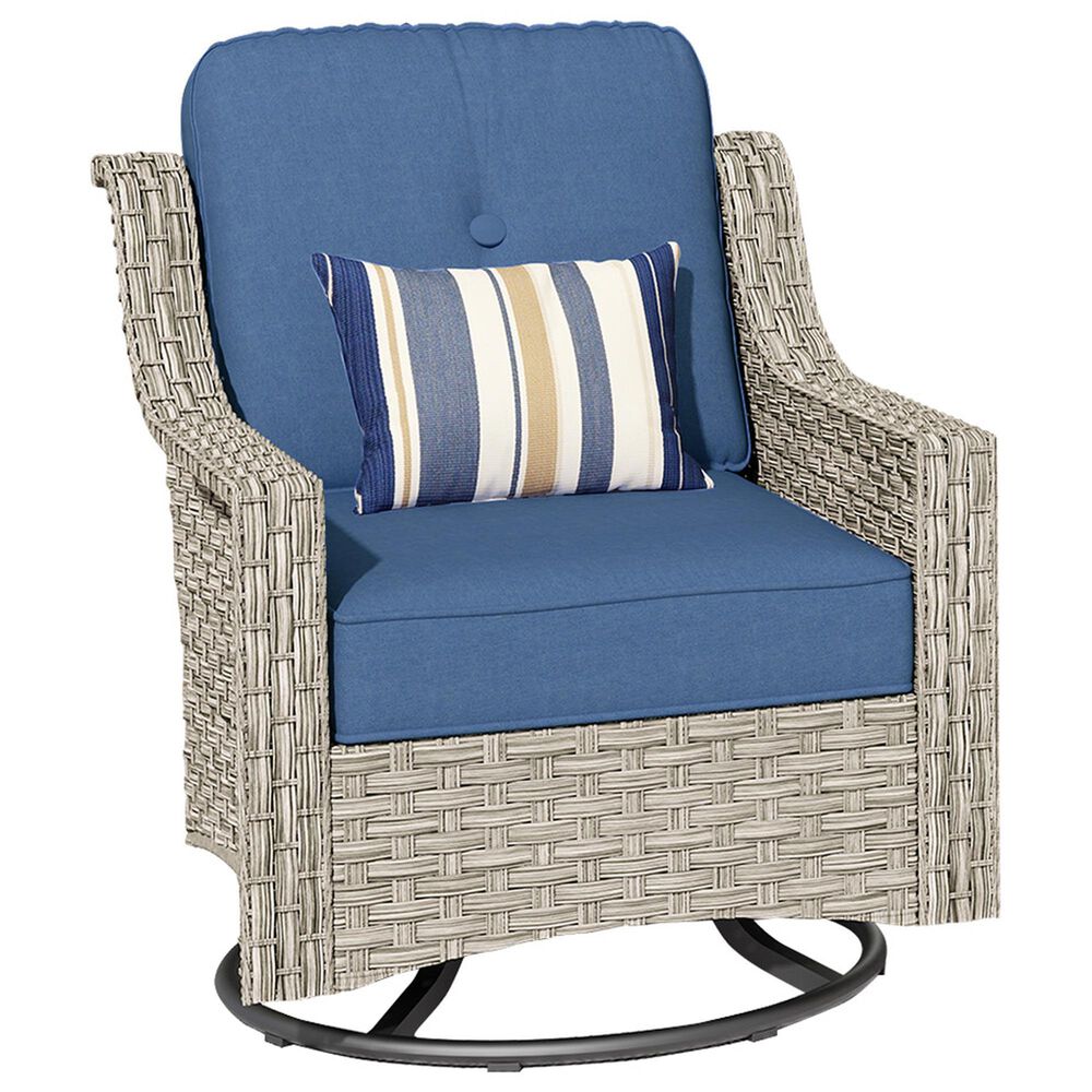 HOMLUX 3-Piece Outdoor Swivel Rocking Chair Set and Side Table in Denim Blue, , large