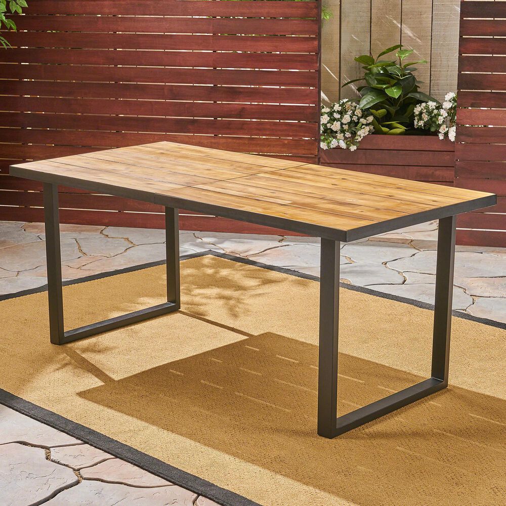 Hearth and Haven Outdoor 70 Inch Dining Table with Wood Top and Sled Base in Teak and Black, , large