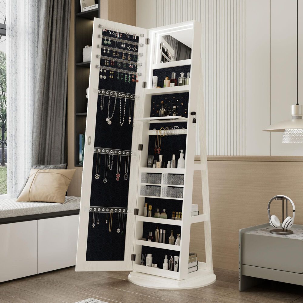 GigaCloud Swivel Jewelry Cabinet with Full Length Mirror and Locking Mechanism in White, , large