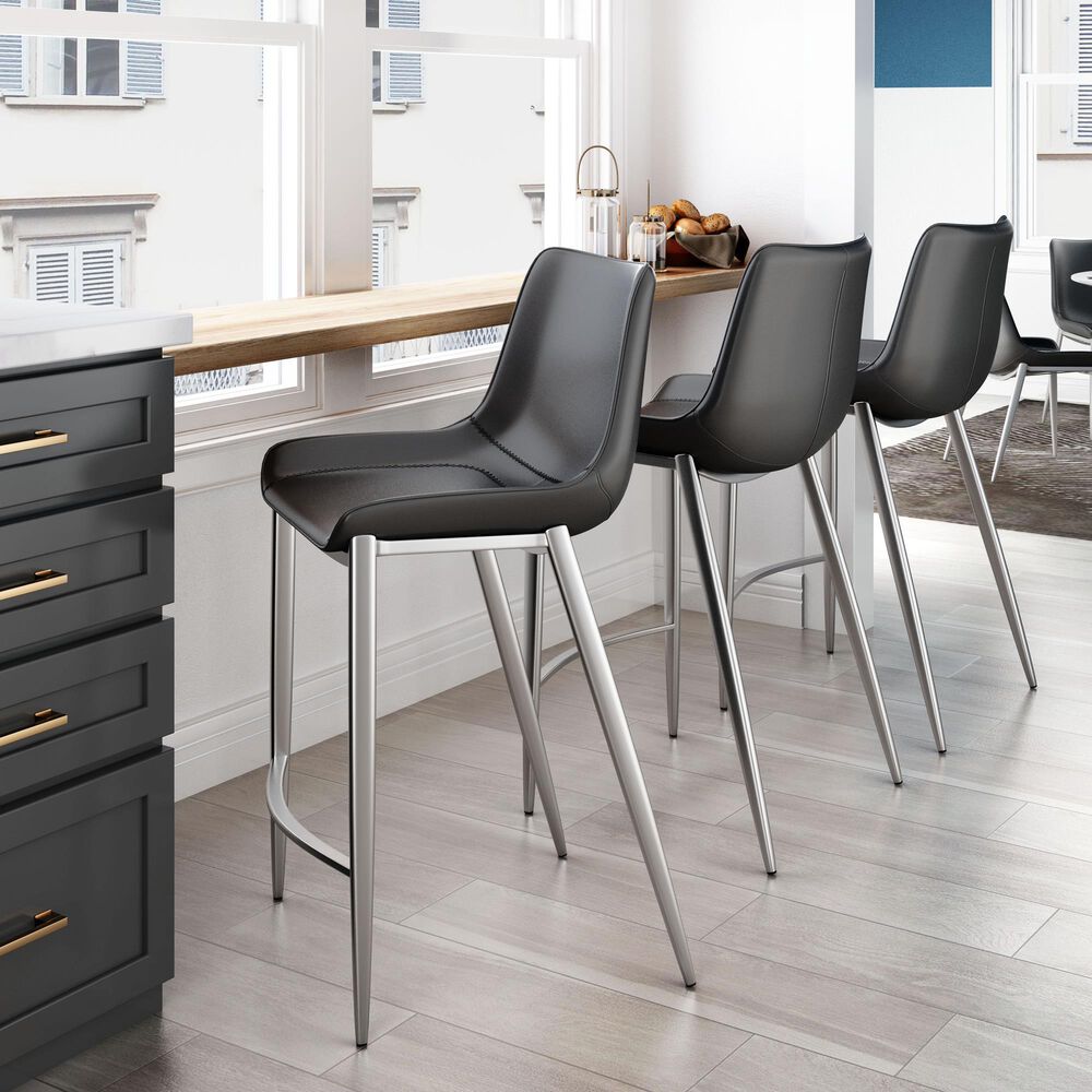 Zuo Modern Magnus Counter Stool in Black and Silver &#40;Set of 2&#41;, , large