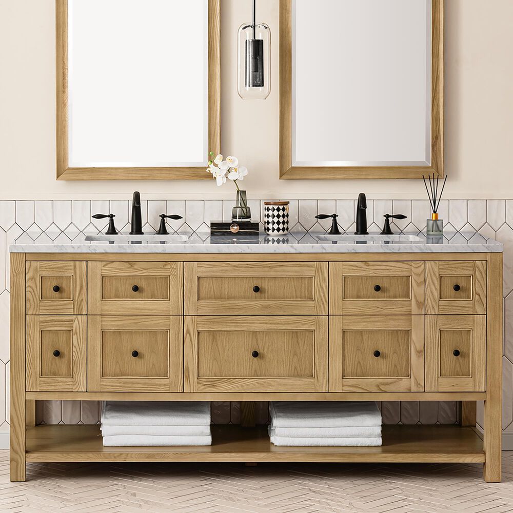 James Martin Vanities Breckenridge 72&quot; Double Bathroom Vanity in Light Natural Oak with 3 cm Carrara White Marble Top and Rectangular Sinks, , large