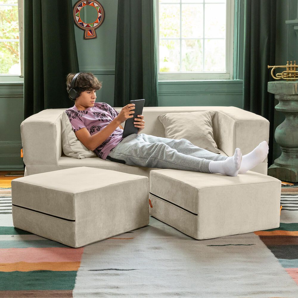 Jaxx Zipline 3-Piece Stationary Convertible Sleeper Loveseat in Ivory Velvet, , large
