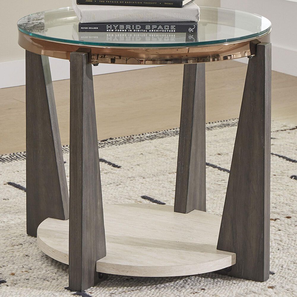Ashley Frazwa Round End Table in Grayish Brown, Gold and Clear, , large