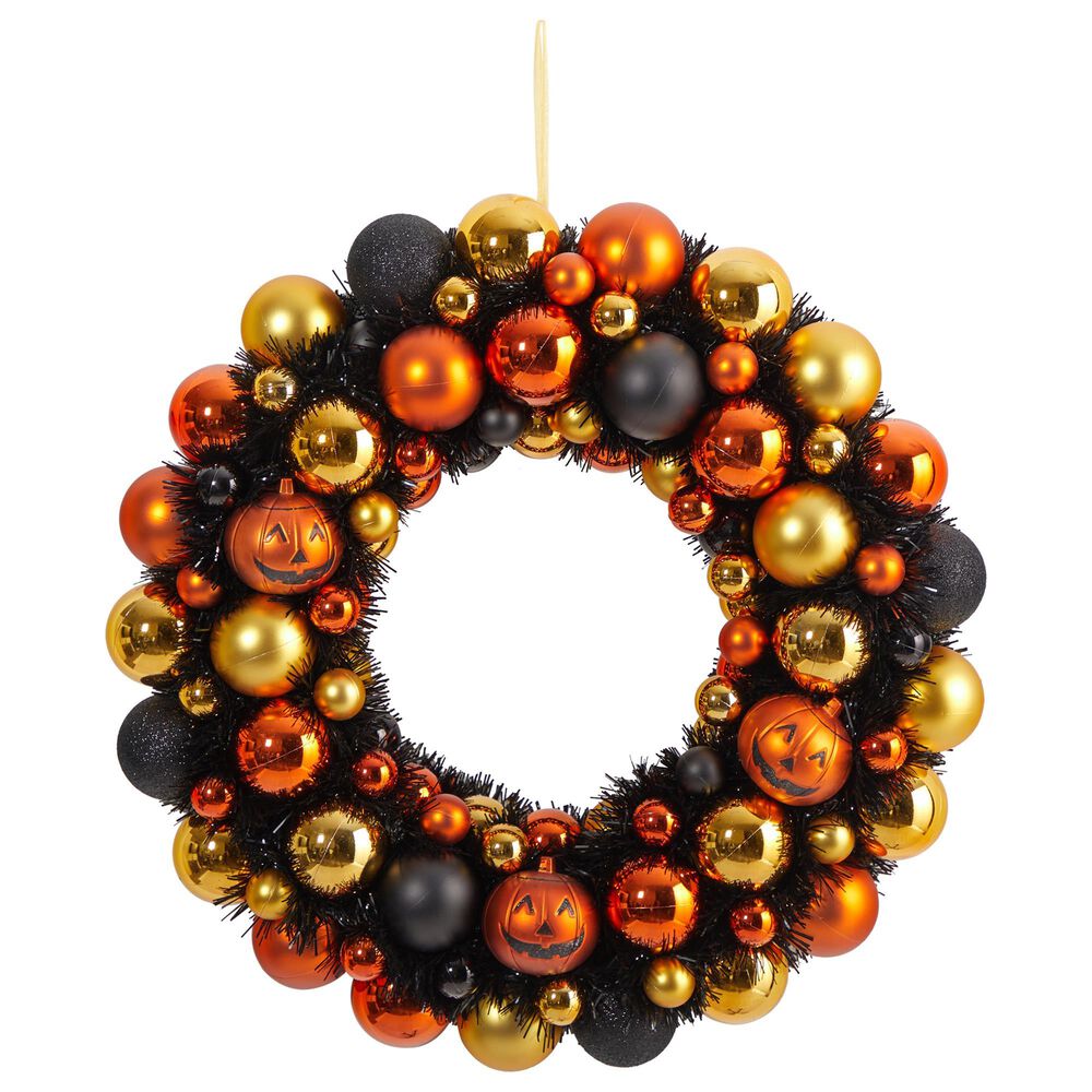 Nearly Natural Inc 30in. Halloween Shatterproof Jack-o"-lantern Pumpkin Ornament Wreath, , large