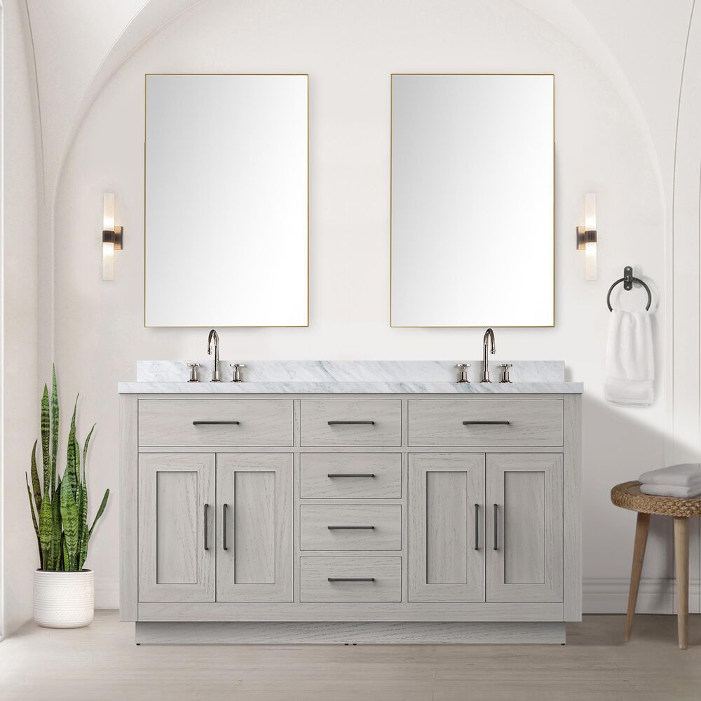 Lexora Home Abbey 60&quot; Double Bathroom Vanity in White Oak with 2 cm White Carrara Marble Top and Rectangular Sinks, , large