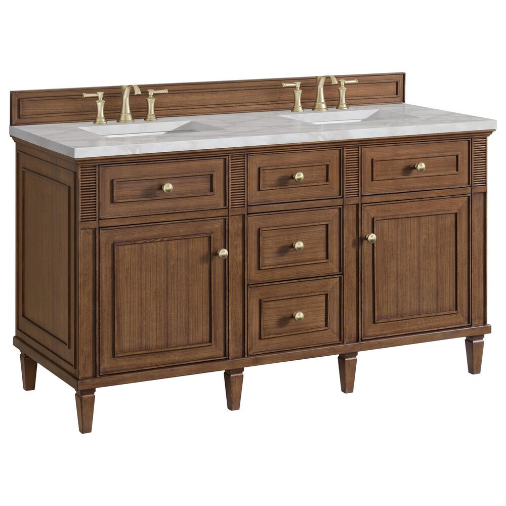 James Martin Vanities Lorelai 60" Double Bathroom Vanity in Mid-Century Walnut with 3 cm Eternal Jasmine Pearl Silestone Top, Rectangular Sinks and FreePower Wireless Charger, , large