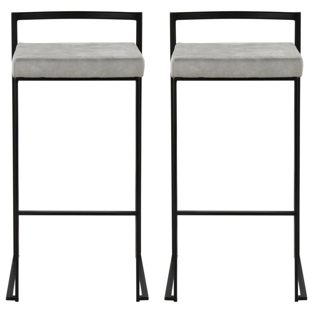 LumiSource Fuji 34" Stacker Bar Stool with Light Grey Cowboy Upholstery in Black (Set of 2), , large