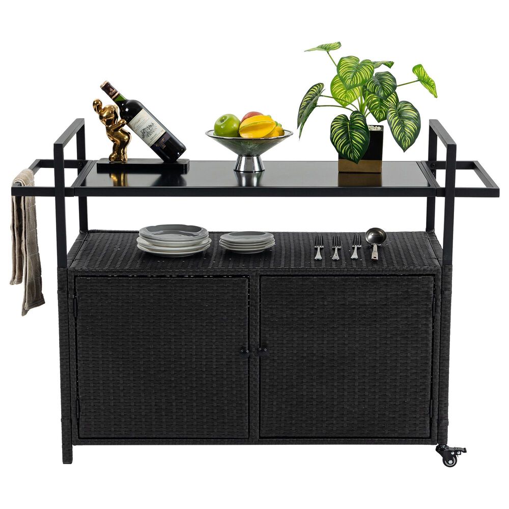 Hearth and Haven Patio Bar Cart with Glass Top and Storage Cabinet in Black, , large